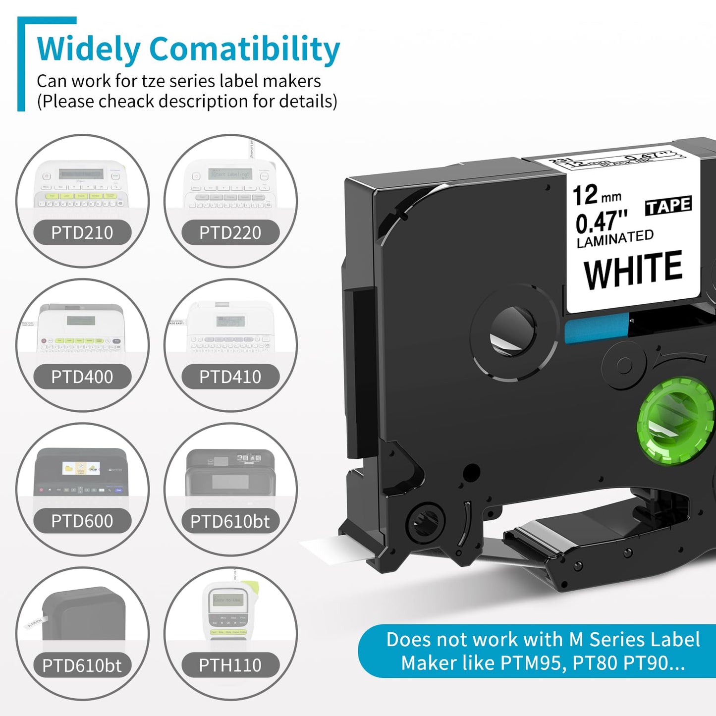 Airmall Tec Replacement for Brother P-Touch Cube Plus PTH110 PT-1750 PT-P710BT PT-D410 PT-P700 Label Tape Tze-231 1/2 Inch x 26.2 ft(8m) TZe TZ Tape Refill Label Maker Tape 12mm 0.47 White, 6-Pack