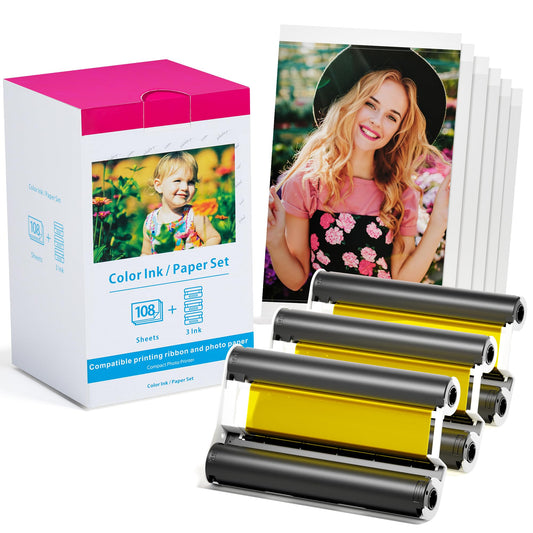 Replacement for Canon Selphy CP1300 CP1200 CP1000 CP910 CP780 Ink and Paper, KP-108IN 3115B001(AA) Photo Paper for Selphy CP Photo Printers, 3 Color Ink Cartridge 108 Sheets Paper 100 x 148mm